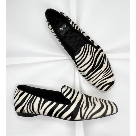 Hugo Boss Shoes - Hugo Boss Womens 37 Sz 7 Calf-hair Fur Zebra Print Loafer Flats Black